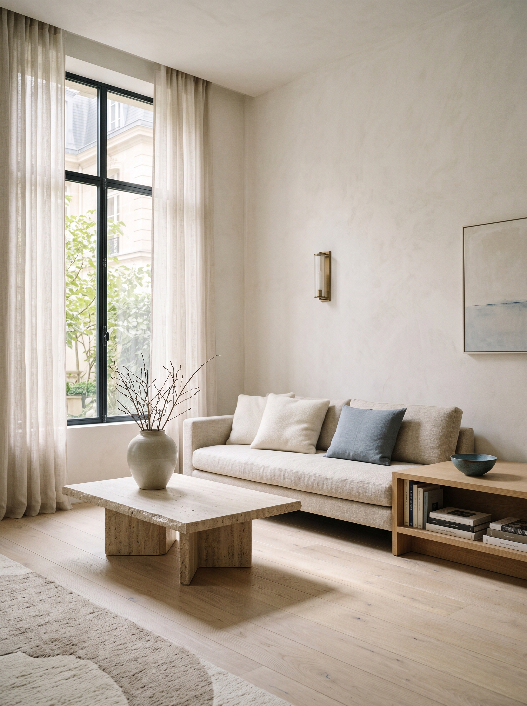 Intérieur réalisé par Studio Linéa — séjour lumineux, matériaux pierre claire et bois